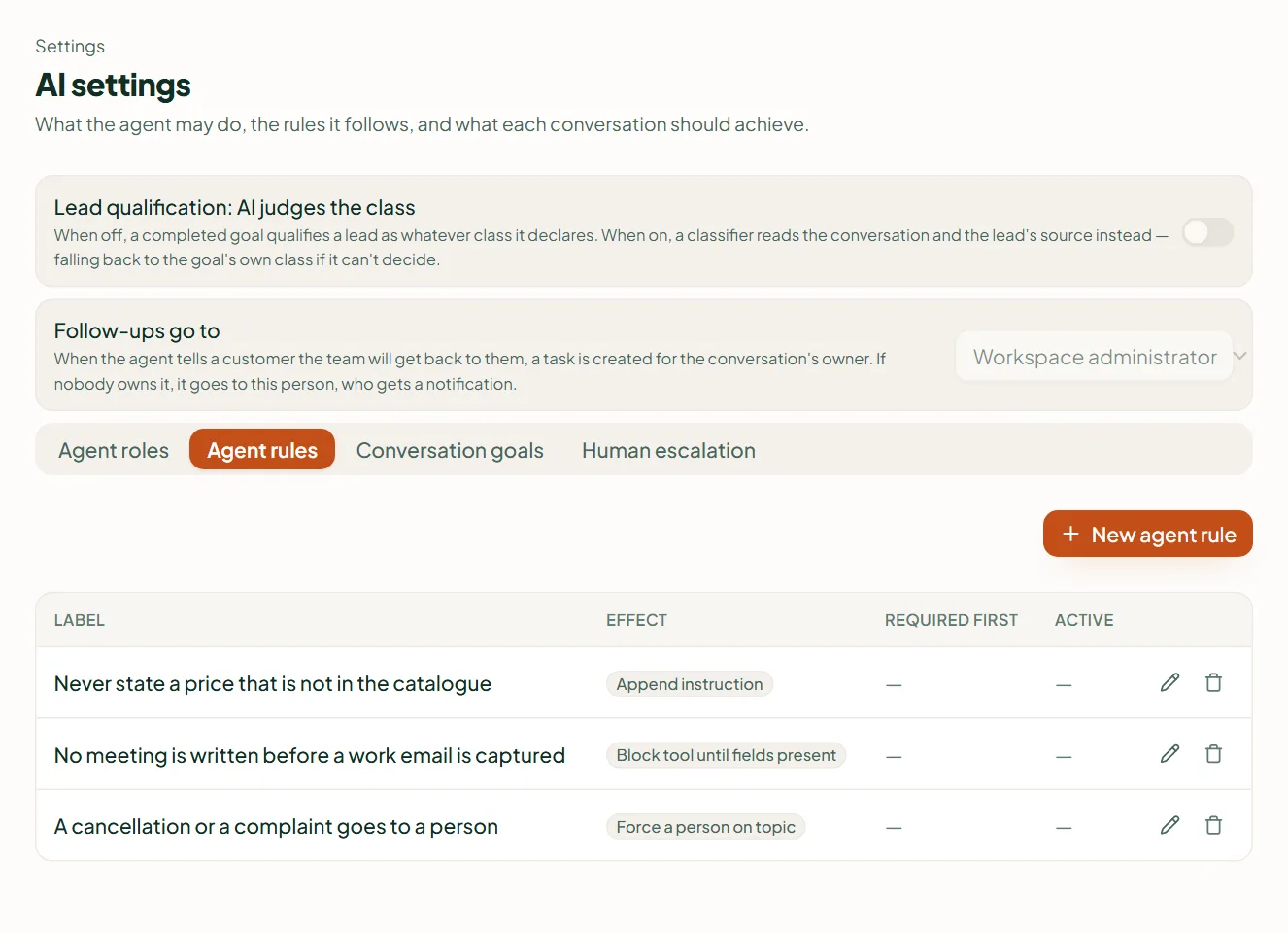 Linkubit Settings › AI settings, the Agent rules tab: the rules that gate what the agent may do