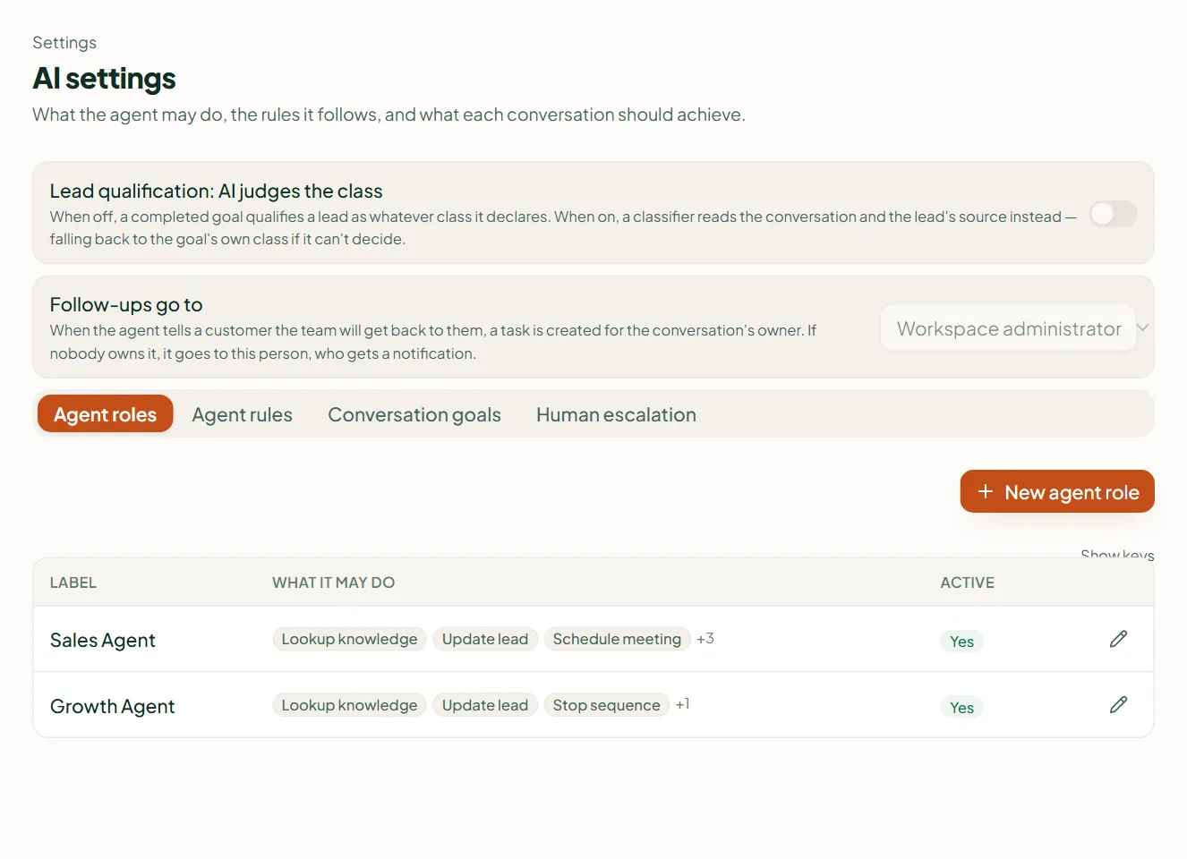 Linkubit Settings › AI settings: the Agent roles, Agent rules, Conversation goals and Human escalation tabs