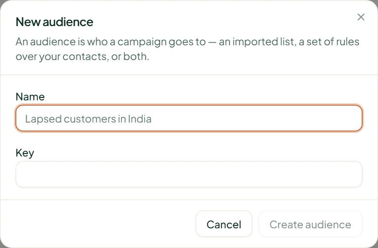 Linkubit New audience dialog: a name and a key