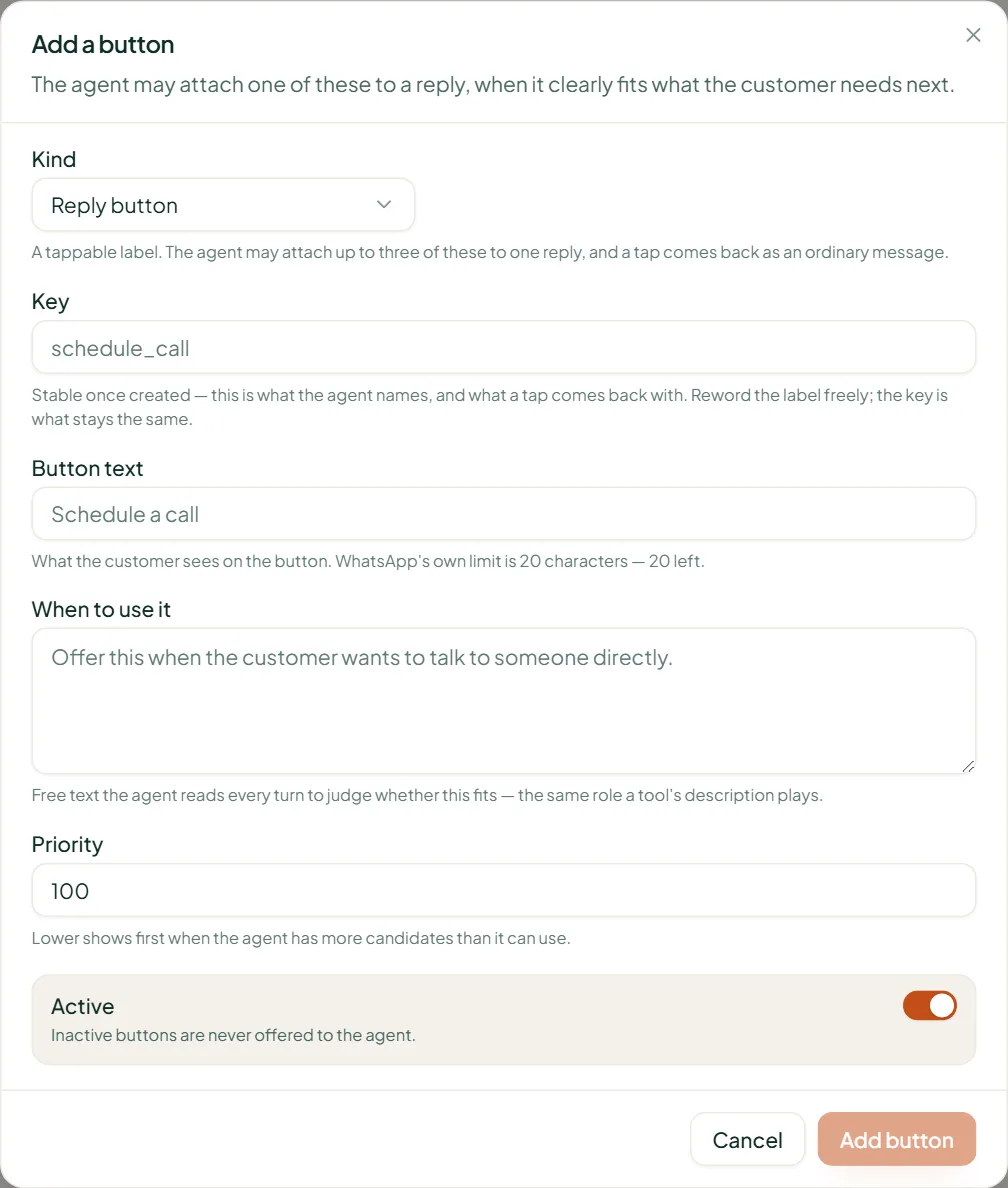 Linkubit Add a button dialog: kind, key, button text and the When to use it guidance the agent reads