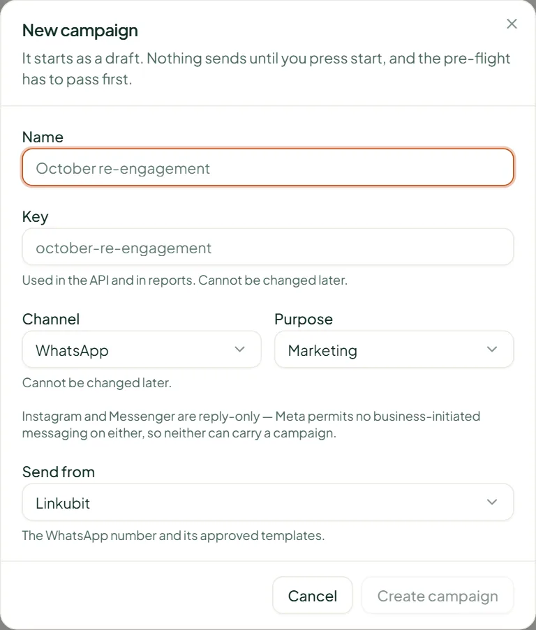 Linkubit New campaign dialog: name, key, channel, purpose and the number or mailbox to send from
