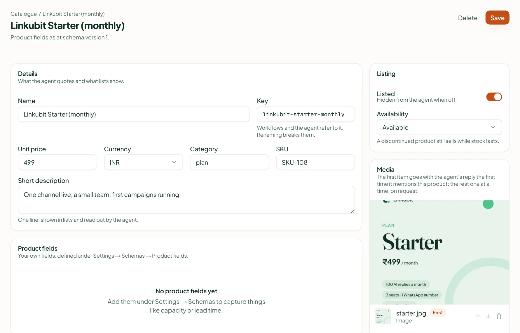 Linkubit product page: name, unit price, currency, category, description, listing and the media section with its upload limits