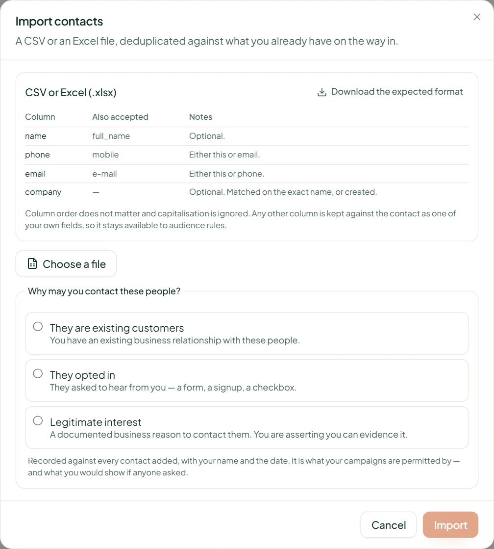 Linkubit Import contacts dialog: the expected columns, a file chooser and the three consent bases
