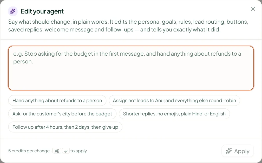 Linkubit Edit your agent dialog: a box to say what should change in plain words, with example requests below and an Apply button