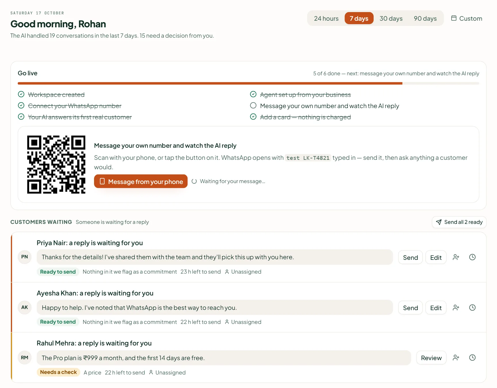 Linkubit Needs you: the greeting with how many conversations the AI handled, the range picker, and the queue grouped into Customers waiting, Sales follow-up and Improve the AI, each row with its action, snooze and dismiss