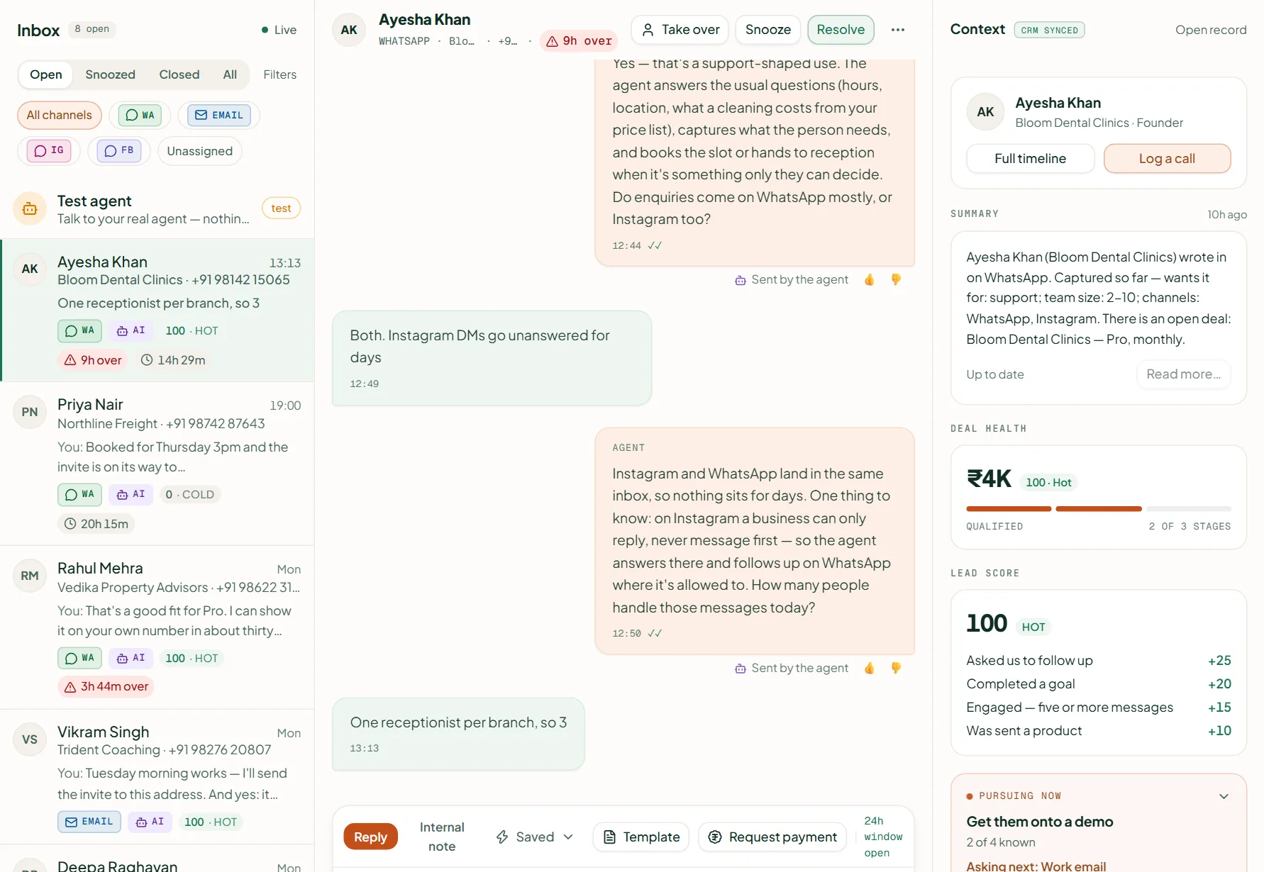 Linkubit inbox: a WhatsApp conversation answered by the AI agent, with the lead score and follow-ups beside it and a Take over button