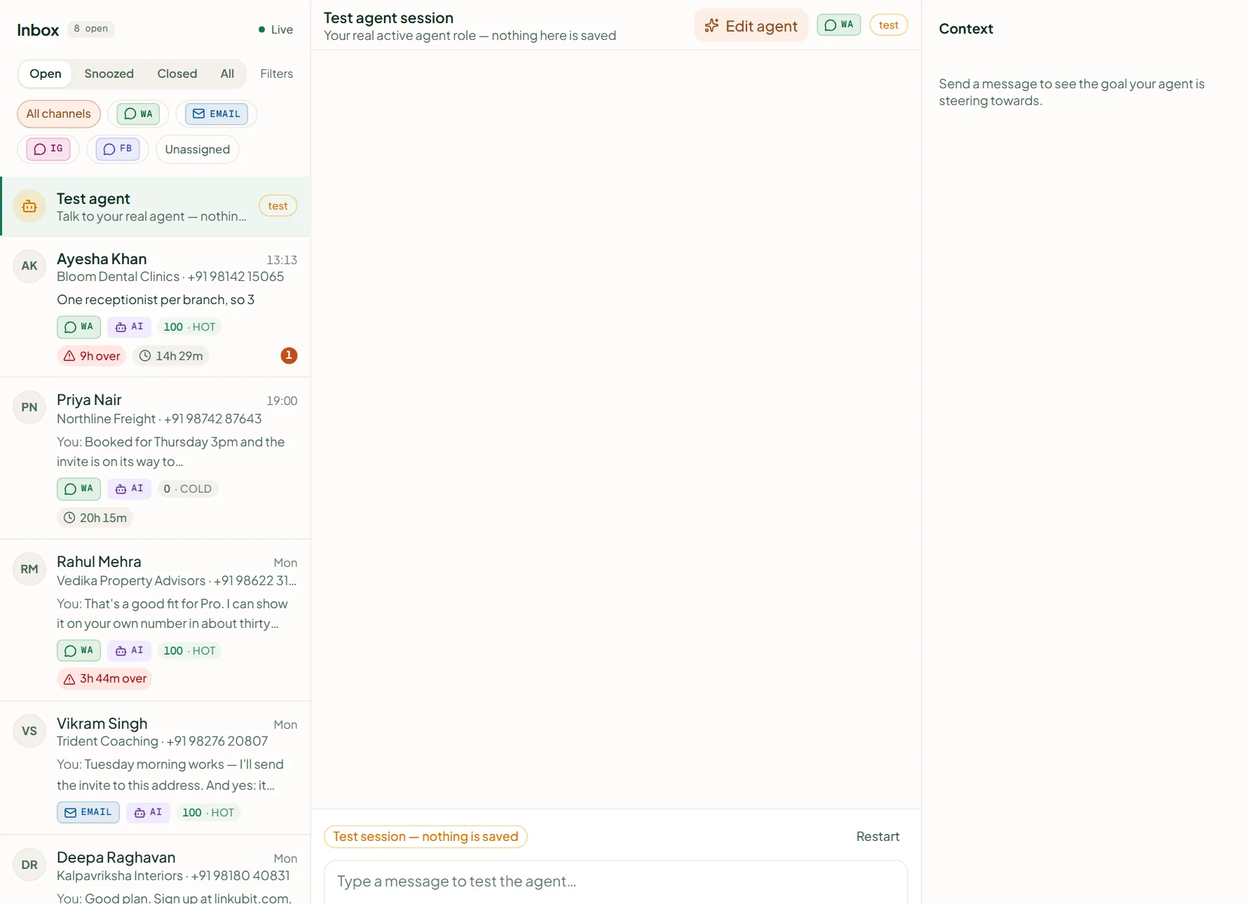 Linkubit inbox: the pinned Test agent session, with the Edit agent button in its header