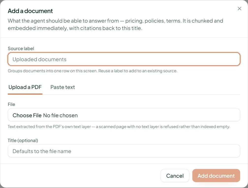 Linkubit Add a document dialog: a source label, Upload a PDF and Paste text tabs, a file chooser and an optional title