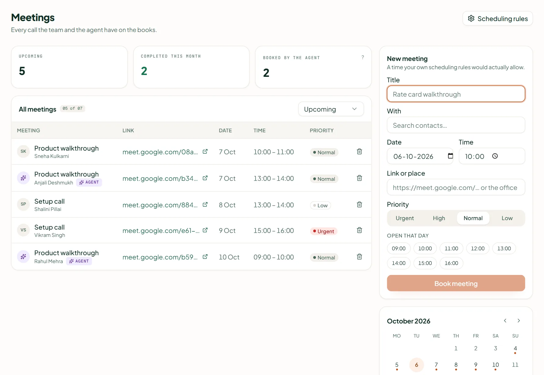 Linkubit Meetings: upcoming meetings on a calendar and in a table, with the New meeting form and Scheduling rules