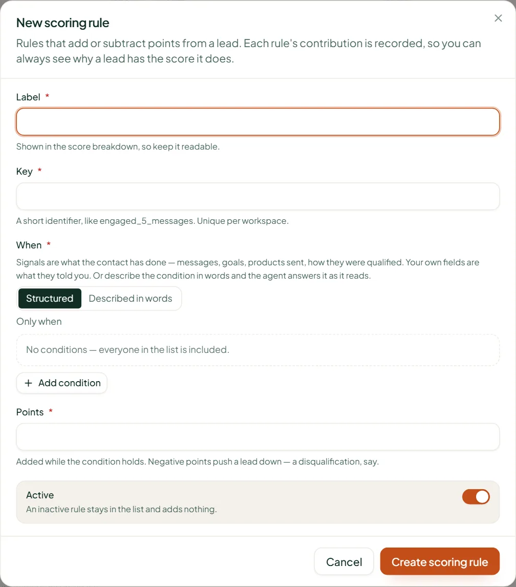 Linkubit New scoring rule dialog: label, key, a Structured or Described in words condition, points and Active