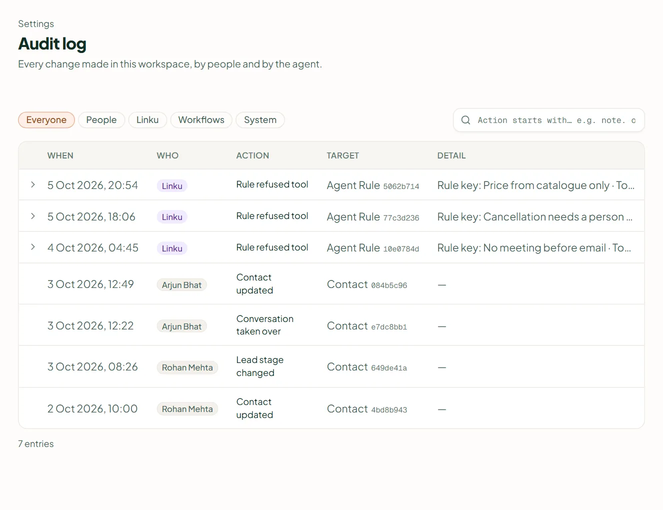 Linkubit Settings › Audit log: every change in the workspace with who made it, the action and its target