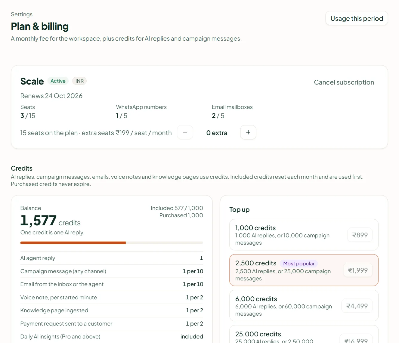Linkubit Settings › Plan & billing: the current plan, the credit balance with Top up and Auto top-up, and invoices
