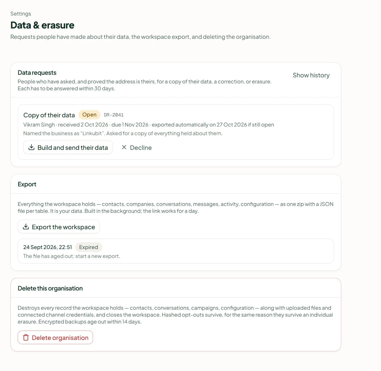 Linkubit Settings › Data & erasure: data requests, the workspace export and the delete organisation card
