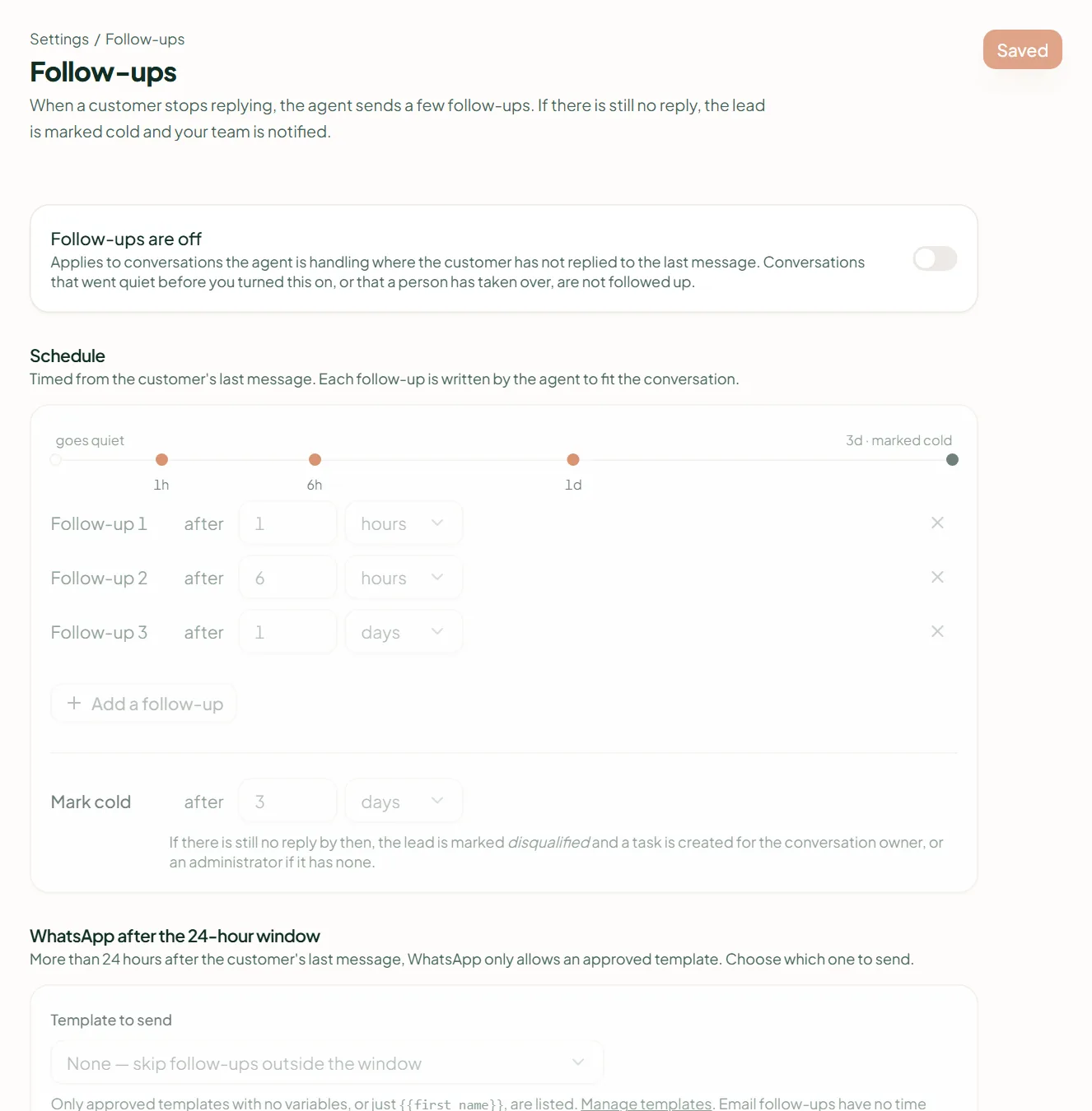 Linkubit Settings › Follow-ups: the on and off switch, a timeline of follow-ups after 1 hour, 6 hours and 1 day, Mark cold after 3 days, and the template for after the 24-hour window
