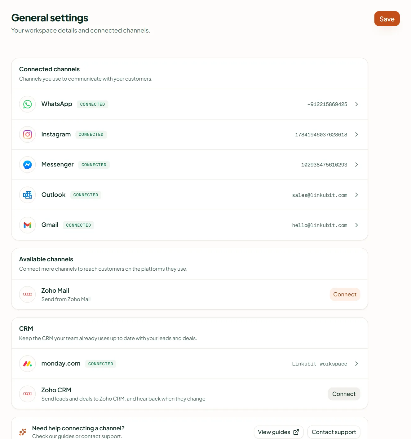 Linkubit Settings › General: connected channels, the workspace picture and name, timezone, language, currency and retention