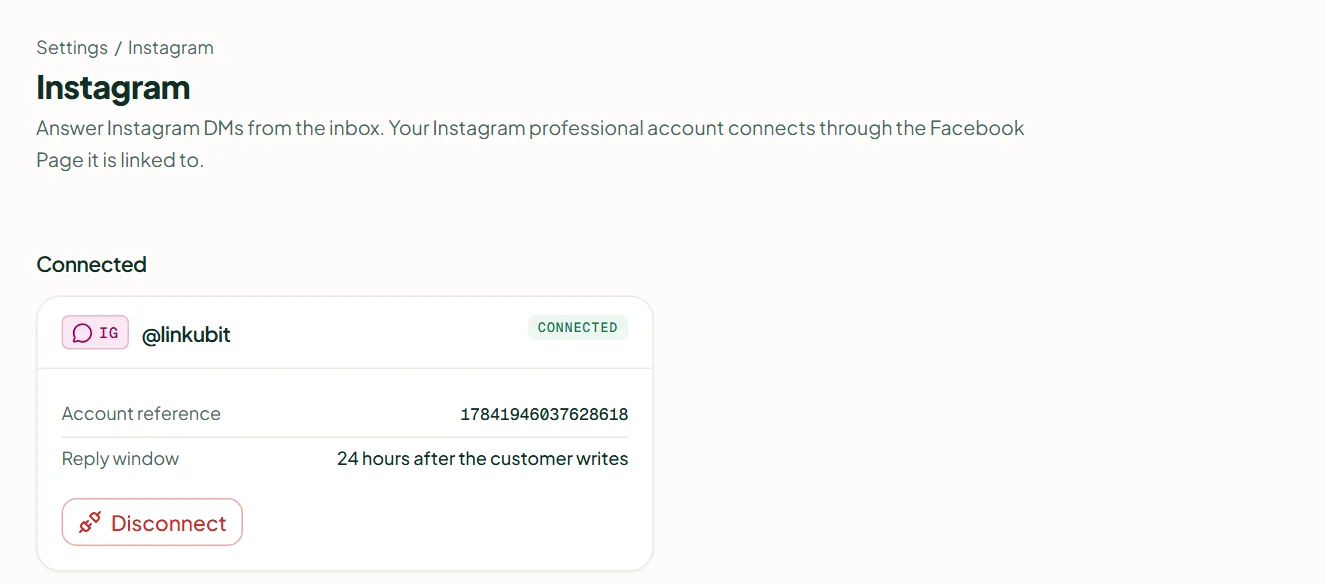 Linkubit Settings › Instagram: a connected Instagram account with its account reference, the 24-hour reply window and the Disconnect button