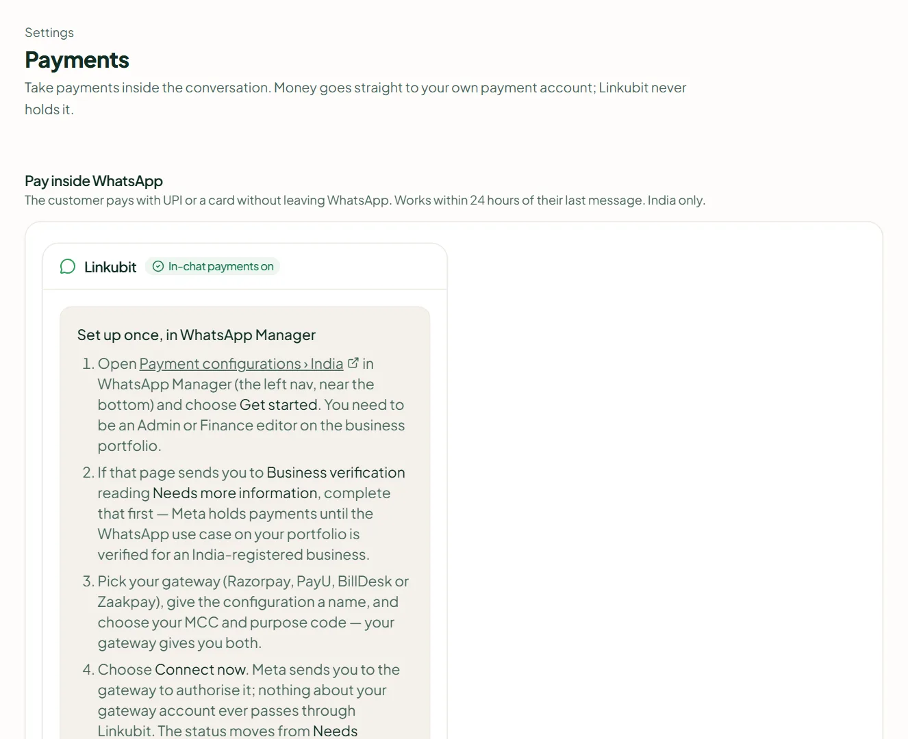 Linkubit Settings › Payments: Pay inside WhatsApp, Razorpay payment links and the Behaviour settings