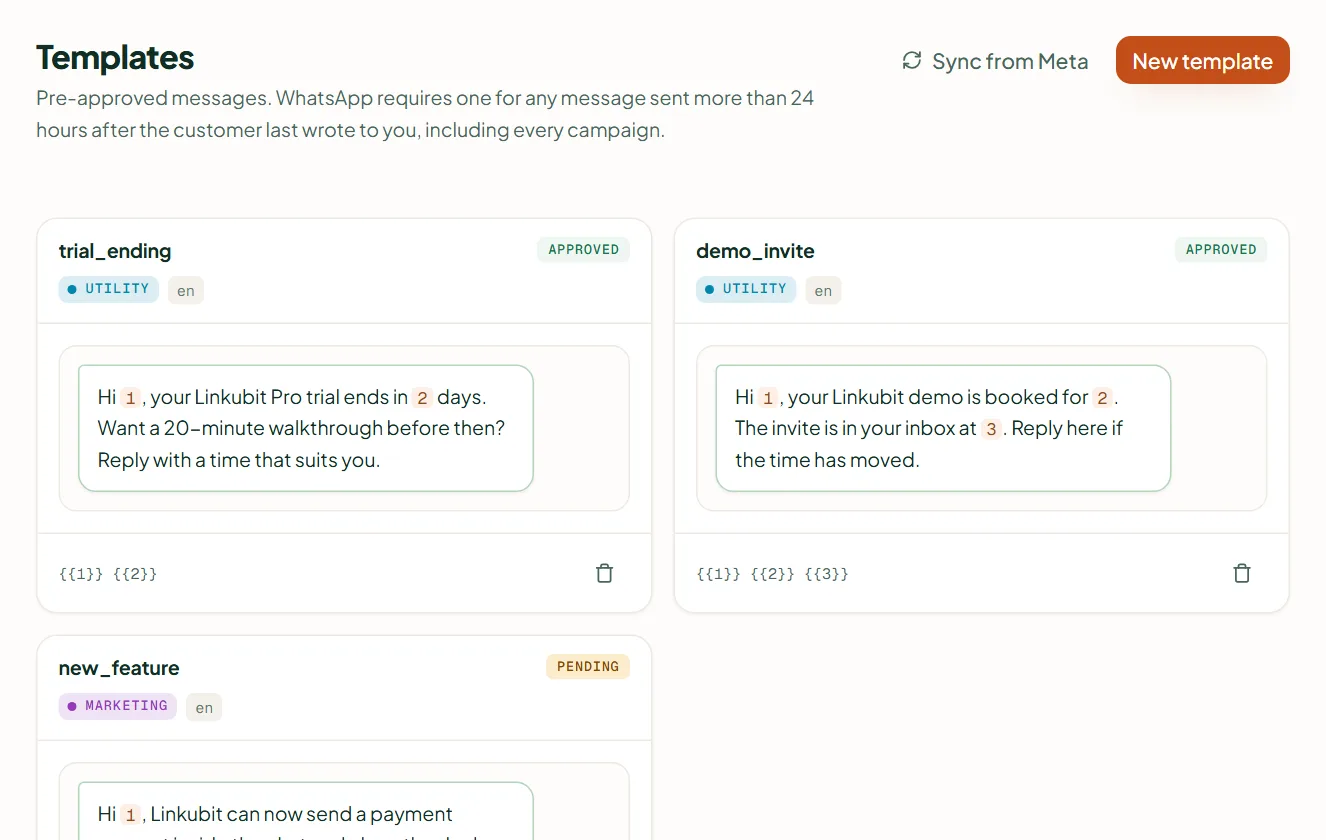 Linkubit Settings › Templates: the list of WhatsApp message templates with their category and Meta approval status