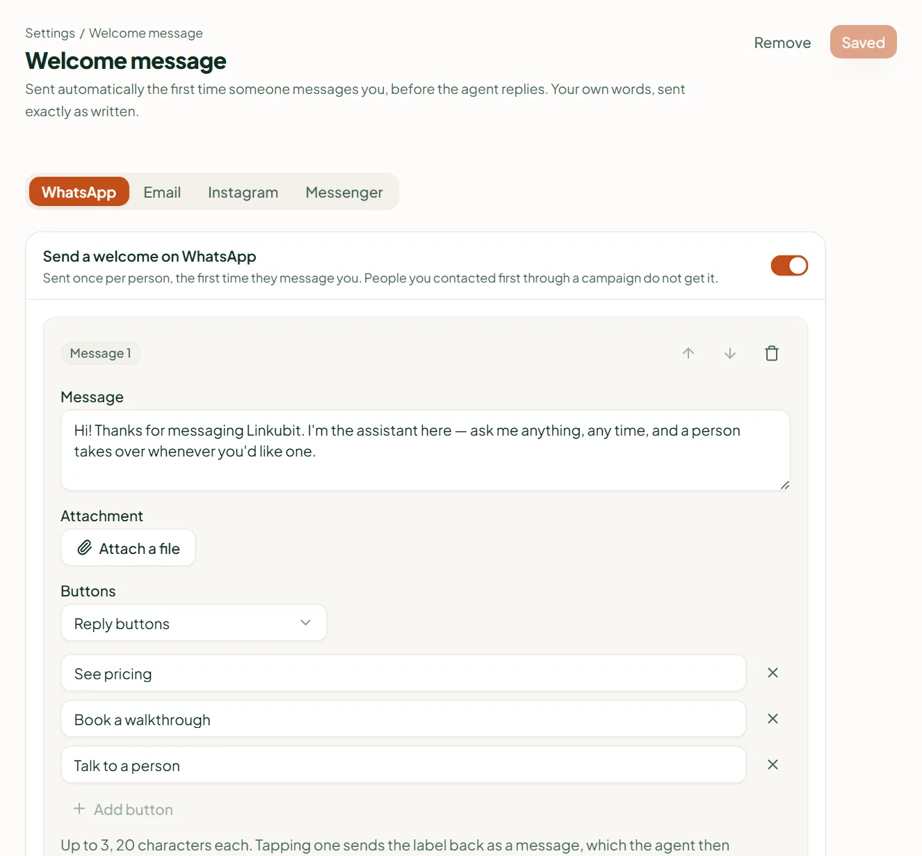 Linkubit Settings › Welcome message: channel tabs for WhatsApp, Email, Instagram and Messenger, a welcome switched on with its first message and three reply buttons
