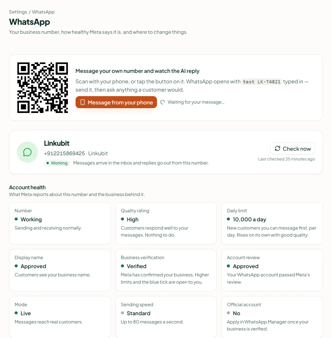 Linkubit Settings › WhatsApp: the connected business number, its Working status and the account health tiles — quality rating, daily limit, display name, business verification, account review