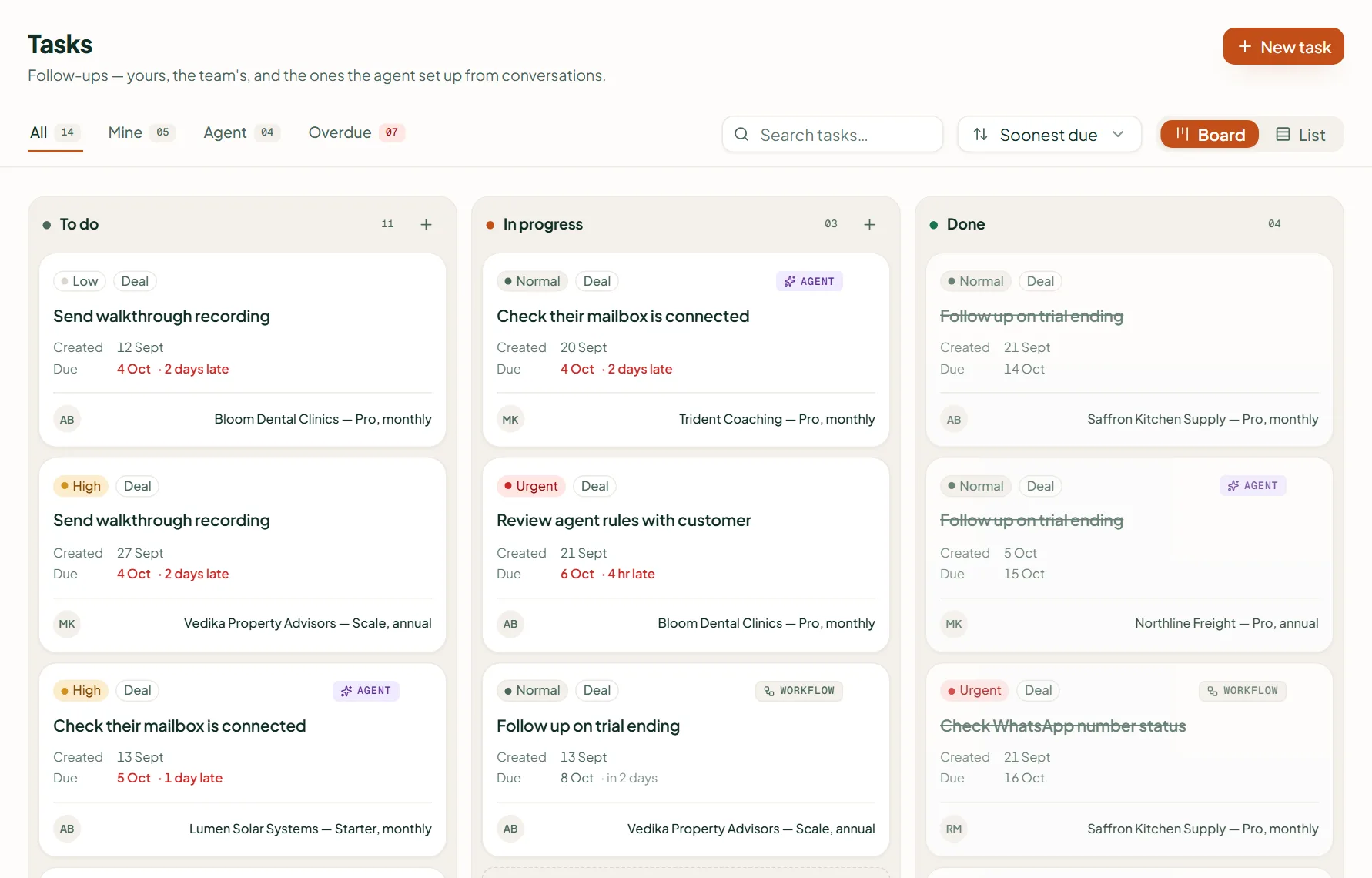 Linkubit Tasks board: tasks in To do, In progress and Done columns with tabs for All, Mine, Agent and Overdue