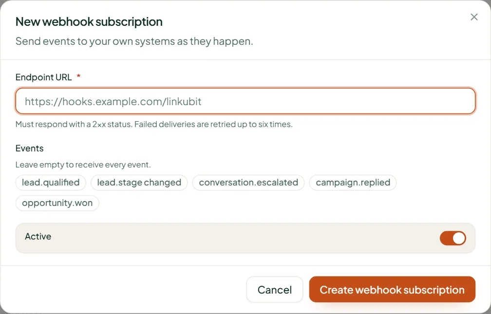 Linkubit New webhook subscription dialog: the endpoint URL, the events to send and Active