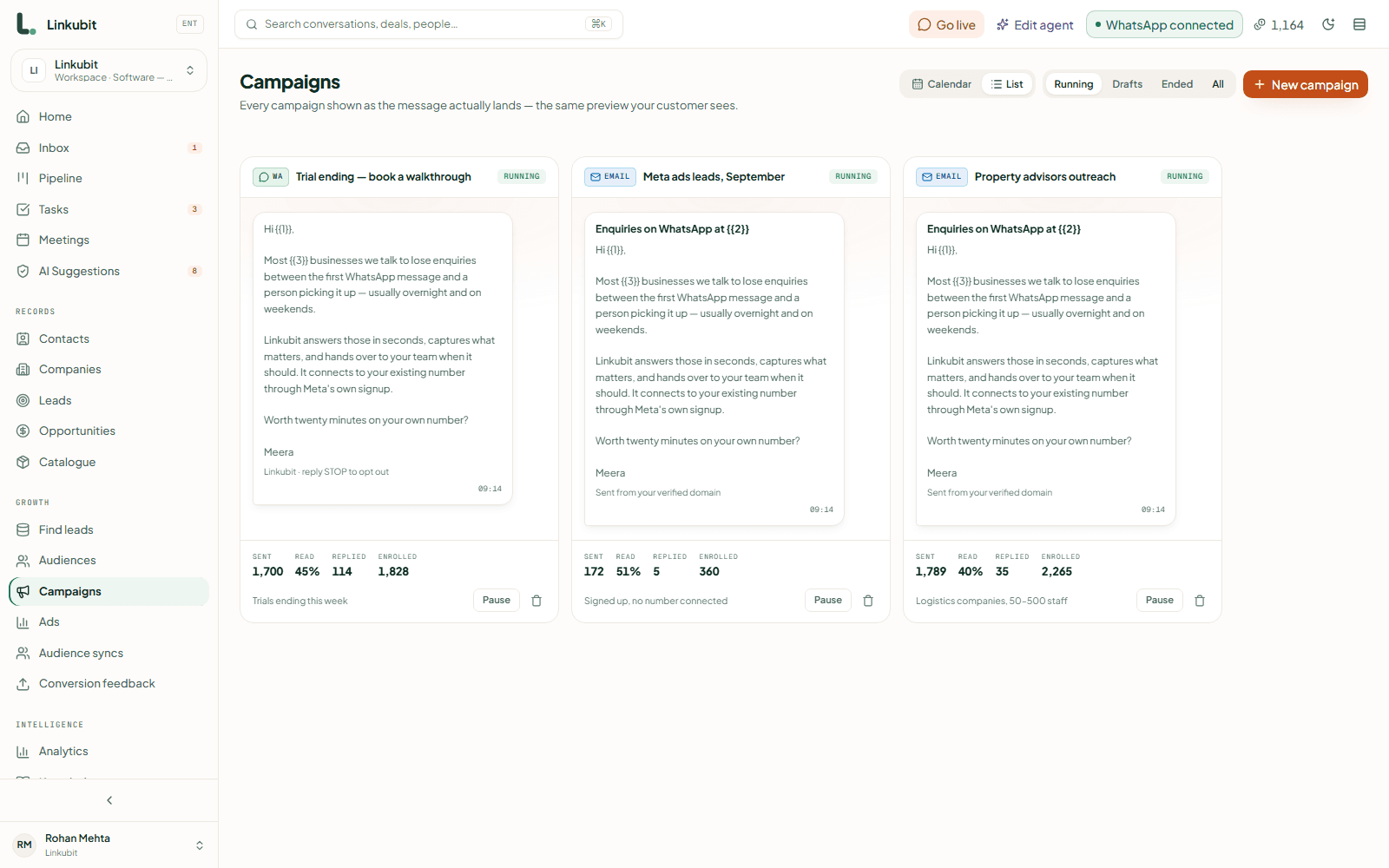 Linkubit campaigns: a running WhatsApp template campaign and two email campaigns, each shown as the message lands, with sent, read, replied and enrolled counts