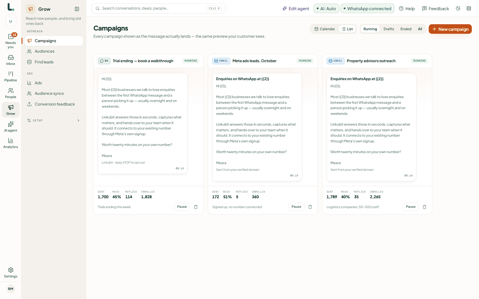 Linkubit campaigns: a running WhatsApp template campaign and two email campaigns, each shown as the message lands, with sent, read, replied and enrolled counts