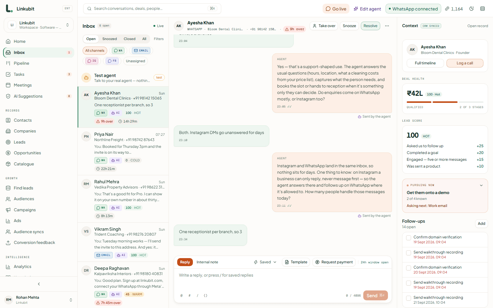 Linkubit inbox: a WhatsApp conversation answered by the AI agent, with the customer's deal value, lead score and open follow-ups beside it